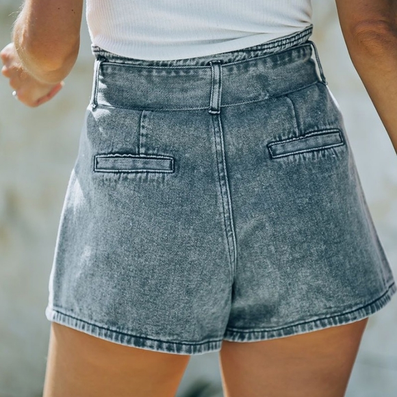 Blueish Gray High Waist Denim Shorts Bow Tie Removable Belt - Picture 9 of 10